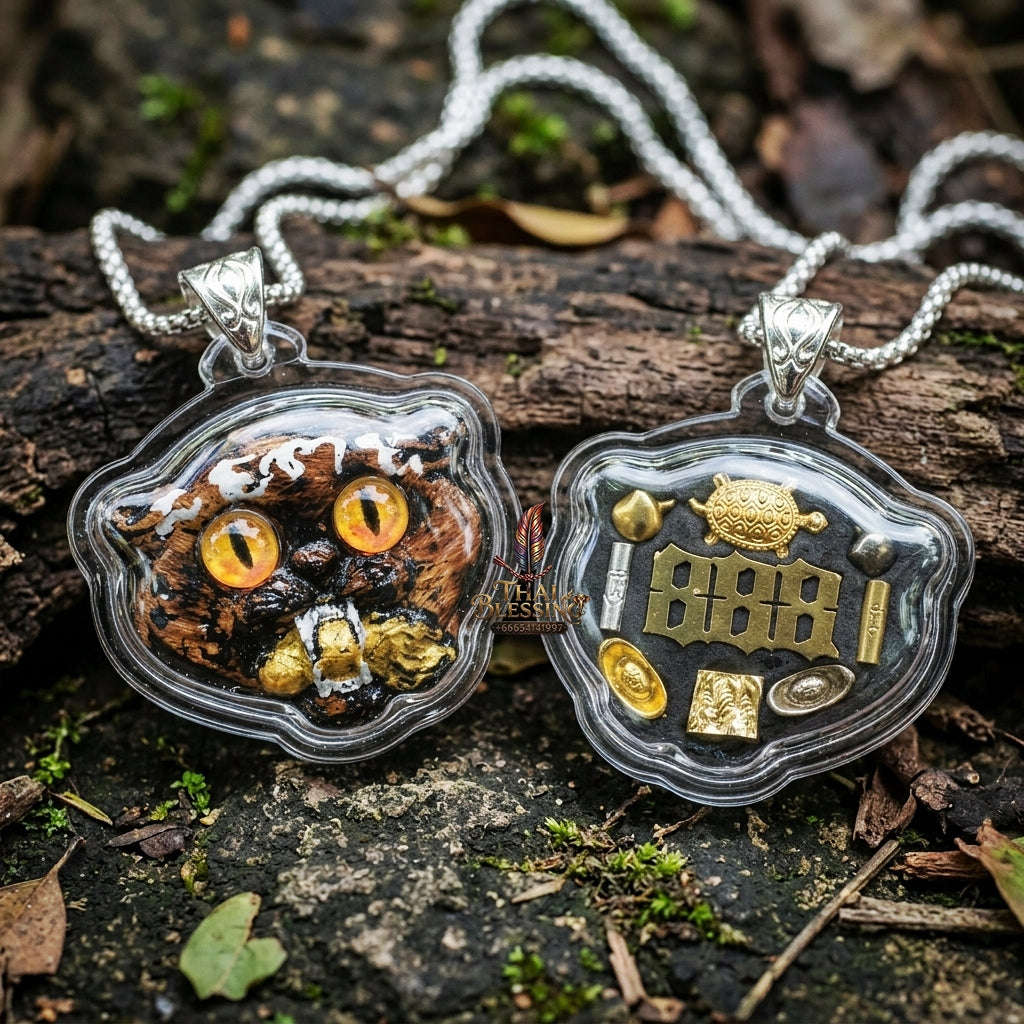 Authentic Thai Wealth-Beckoning Cat Amulet "Maew Riak Sap Golden-Amber Eyed Dark Powder Pendant with Silver Bail" Consecrated by Ajarn Sat at Ruen Sat Setthi B.E. 2569 (2026) Thai Blessing Co By RURUECHA