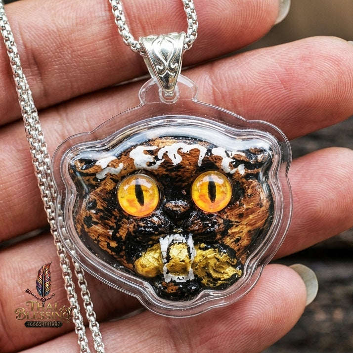 Authentic Thai Wealth-Beckoning Cat Amulet "Maew Riak Sap Golden-Amber Eyed Dark Powder Pendant with Silver Bail" Consecrated by Ajarn Sat at Ruen Sat Setthi B.E. 2569 (2026) Thai Blessing Co By RURUECHA
