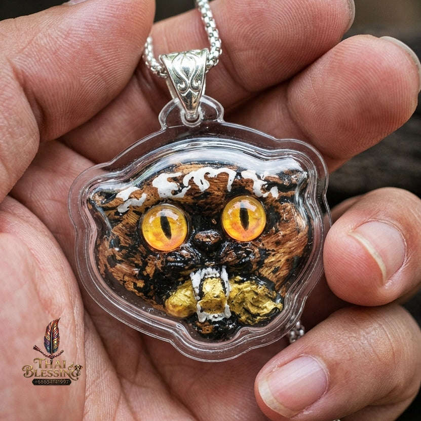 Authentic Thai Wealth-Beckoning Cat Amulet "Maew Riak Sap Golden-Amber Eyed Dark Powder Pendant with Silver Bail" Consecrated by Ajarn Sat at Ruen Sat Setthi B.E. 2569 (2026) Thai Blessing Co By RURUECHA