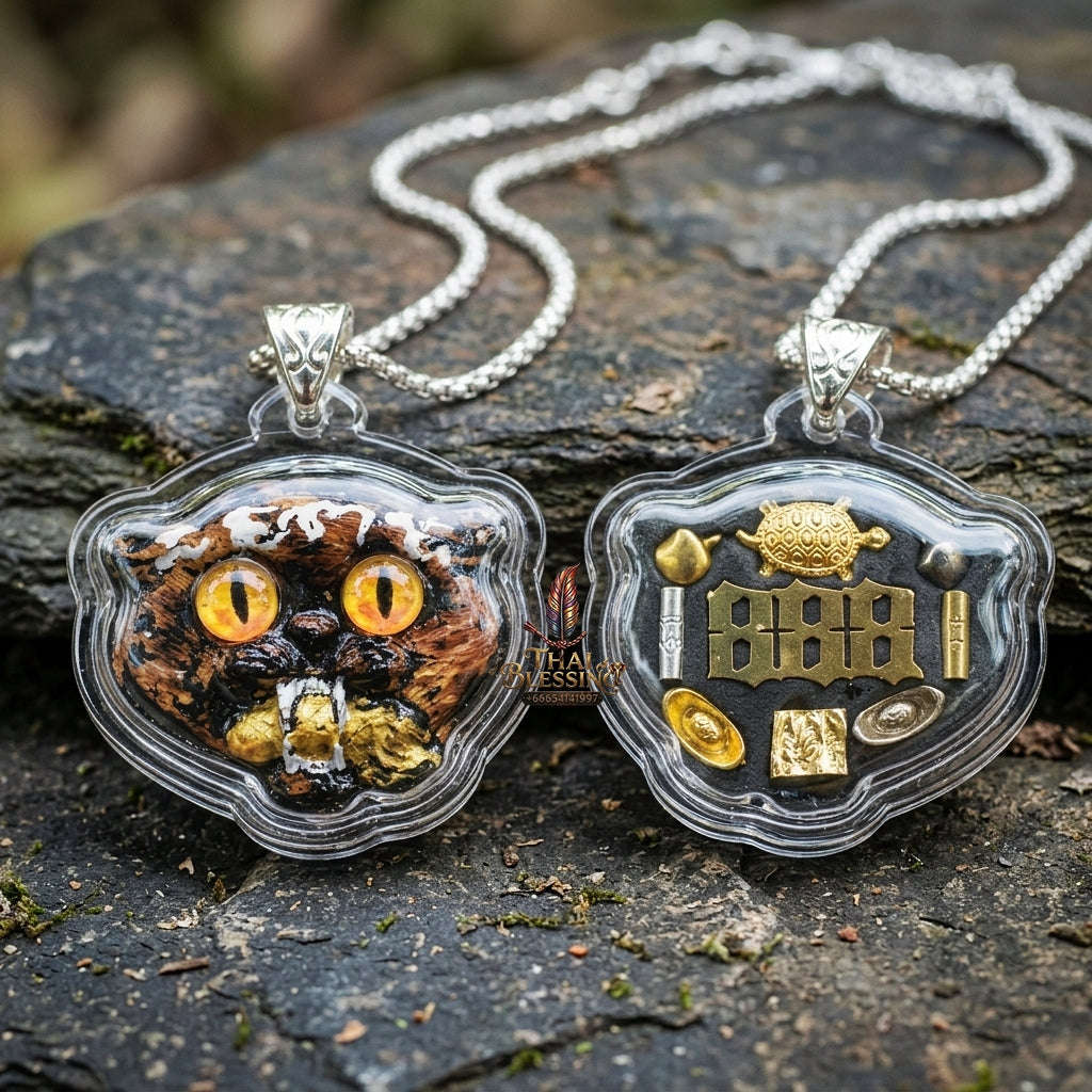 Authentic Thai Wealth-Beckoning Cat Amulet "Maew Riak Sap Golden-Amber Eyed Dark Powder Pendant with Silver Bail" Consecrated by Ajarn Sat at Ruen Sat Setthi B.E. 2569 (2026) Thai Blessing Co By RURUECHA
