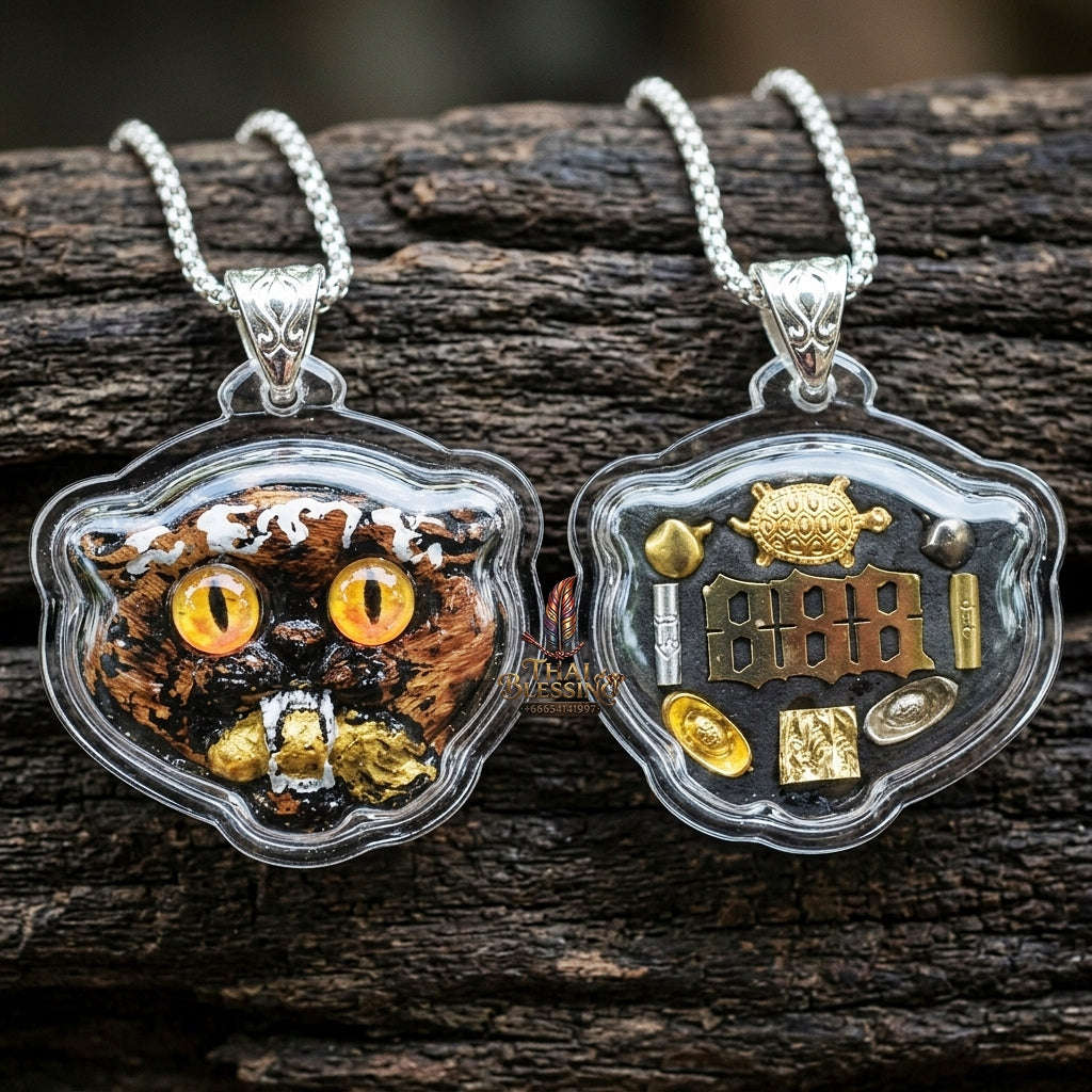 Authentic Thai Wealth-Beckoning Cat Amulet "Maew Riak Sap Golden-Amber Eyed Dark Powder Pendant with Silver Bail" Consecrated by Ajarn Sat at Ruen Sat Setthi B.E. 2569 (2026) Thai Blessing Co By RURUECHA