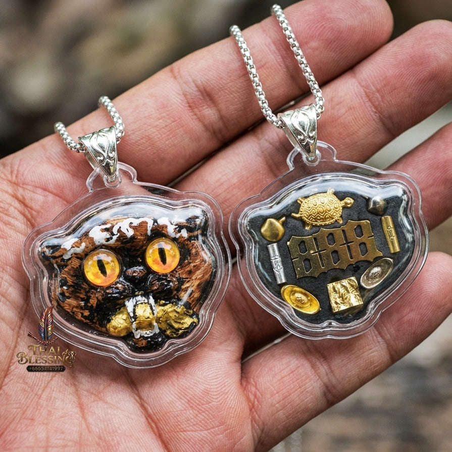 Authentic Thai Wealth-Beckoning Cat Amulet "Maew Riak Sap Golden-Amber Eyed Dark Powder Pendant with Silver Bail" Consecrated by Ajarn Sat at Ruen Sat Setthi B.E. 2569 (2026) Thai Blessing Co By RURUECHA