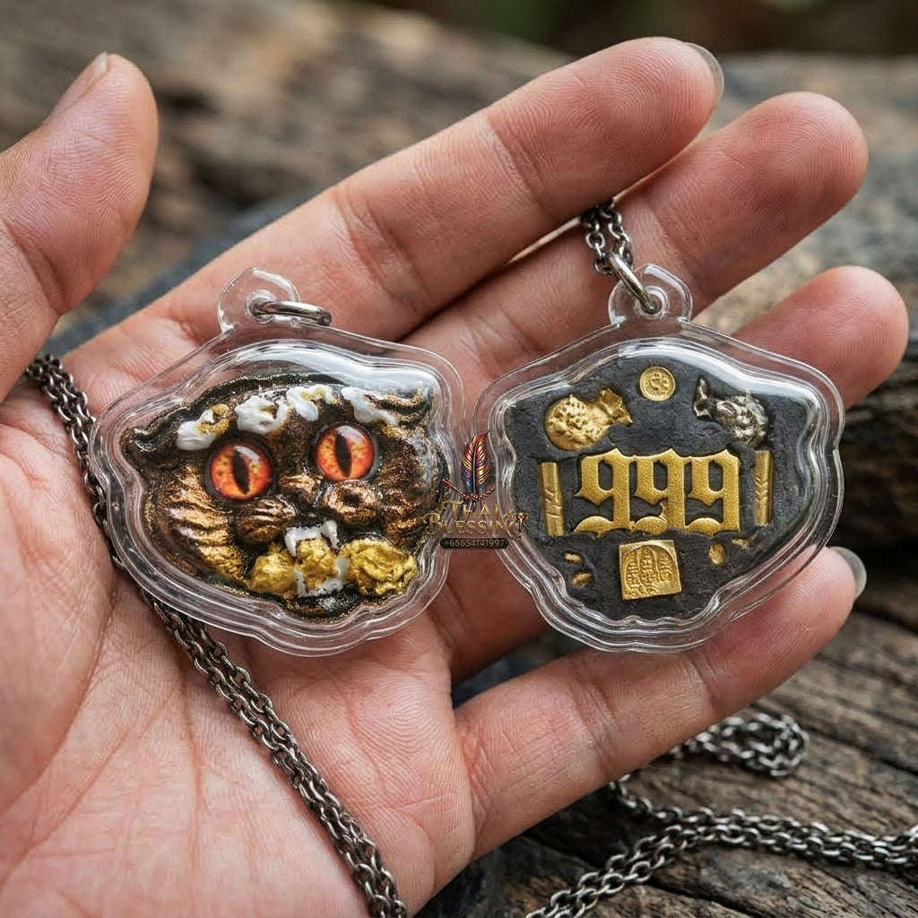 Authentic Thai Wealth-Beckoning Cat Amulet "Maew Riak Sap Red-Eyed Dark Sacred Powder Pendant" Consecrated by Ajarn Sat at Ruen Sat Setthi B.E. 2569 (2026)
