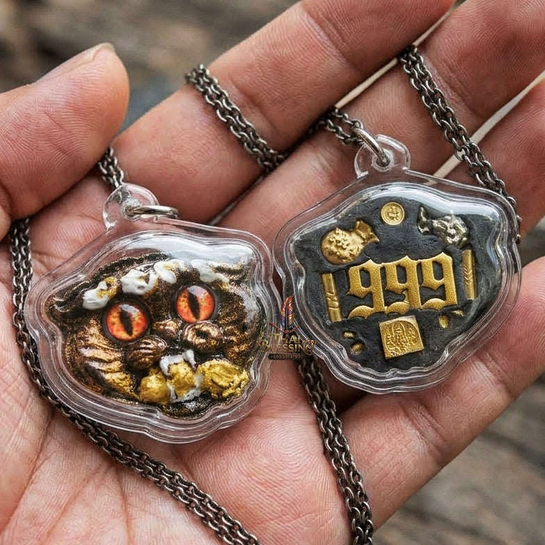 Authentic Thai Wealth-Beckoning Cat Amulet "Maew Riak Sap Red-Eyed Dark Sacred Powder Pendant" Consecrated by Ajarn Sat at Ruen Sat Setthi B.E. 2569 (2026)