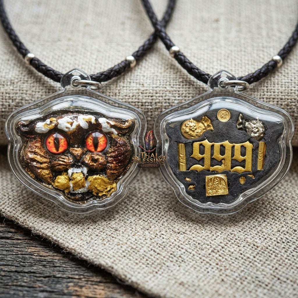 Authentic Thai Wealth-Beckoning Cat Amulet "Maew Riak Sap Red-Eyed Dark Sacred Powder Pendant" Consecrated by Ajarn Sat at Ruen Sat Setthi B.E. 2569 (2026)