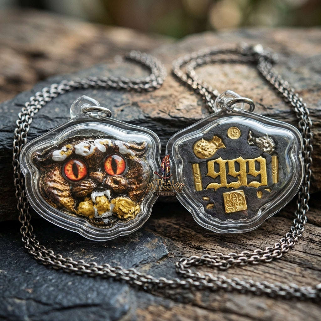 Authentic Thai Wealth-Beckoning Cat Amulet "Maew Riak Sap Red-Eyed Dark Sacred Powder Pendant" Consecrated by Ajarn Sat at Ruen Sat Setthi B.E. 2569 (2026)