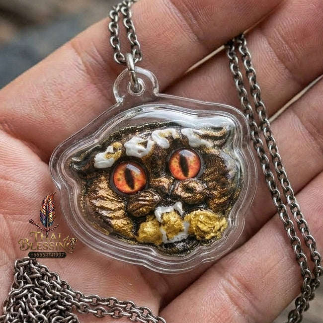 Authentic Thai Wealth-Beckoning Cat Amulet "Maew Riak Sap Red-Eyed Dark Sacred Powder Pendant" Consecrated by Ajarn Sat at Ruen Sat Setthi B.E. 2569 (2026)
