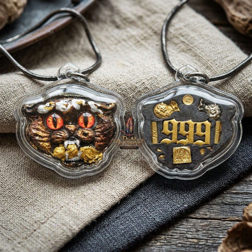Authentic Thai Wealth-Beckoning Cat Amulet "Maew Riak Sap Red-Eyed Dark Sacred Powder Pendant" Consecrated by Ajarn Sat at Ruen Sat Setthi B.E. 2569 (2026)