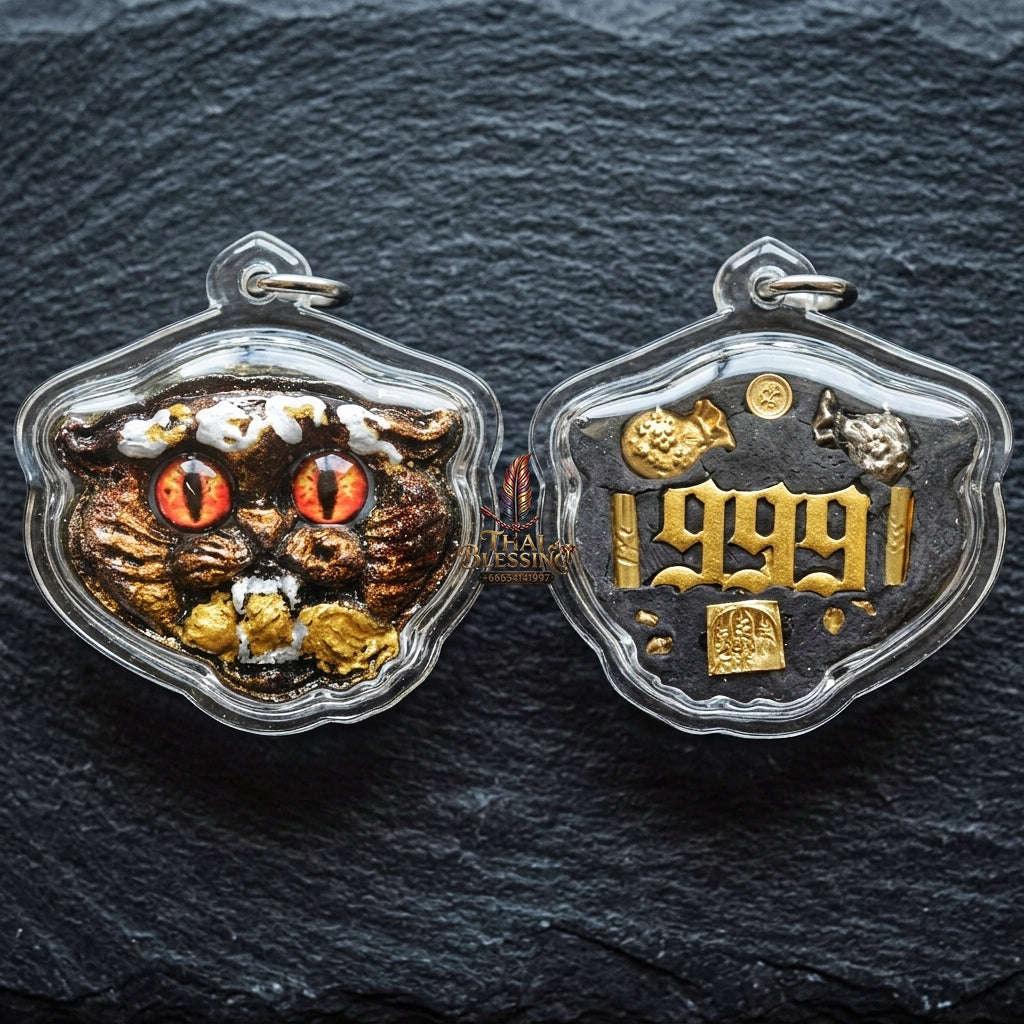 Authentic Thai Wealth-Beckoning Cat Amulet "Maew Riak Sap Red-Eyed Dark Sacred Powder Pendant" Consecrated by Ajarn Sat at Ruen Sat Setthi B.E. 2569 (2026)