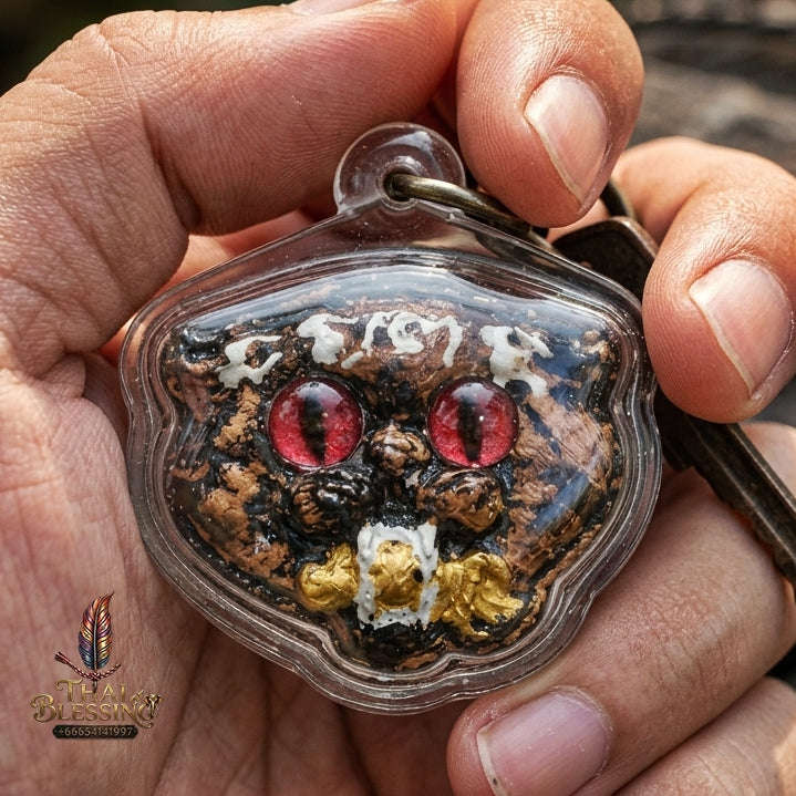 Authentic Thai Wealth-Beckoning Cat Amulet "Maew Riak Sap Ruby-Red Eyed Dark Powder Pendant" Consecrated by Ajarn Sat at Ruen Sat Setthi B.E. 2569 (2026)