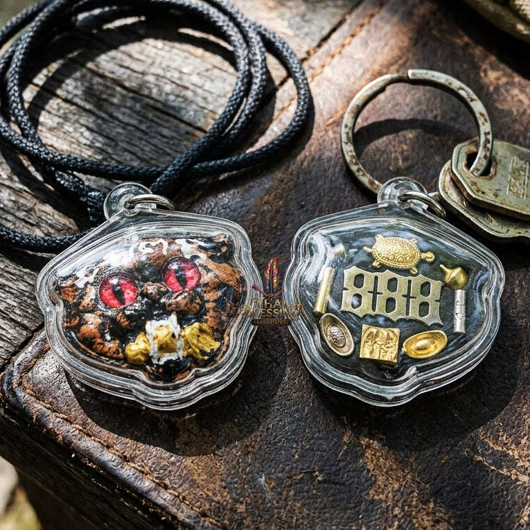Authentic Thai Wealth-Beckoning Cat Amulet "Maew Riak Sap Ruby-Red Eyed Dark Powder Pendant" Consecrated by Ajarn Sat at Ruen Sat Setthi B.E. 2569 (2026)