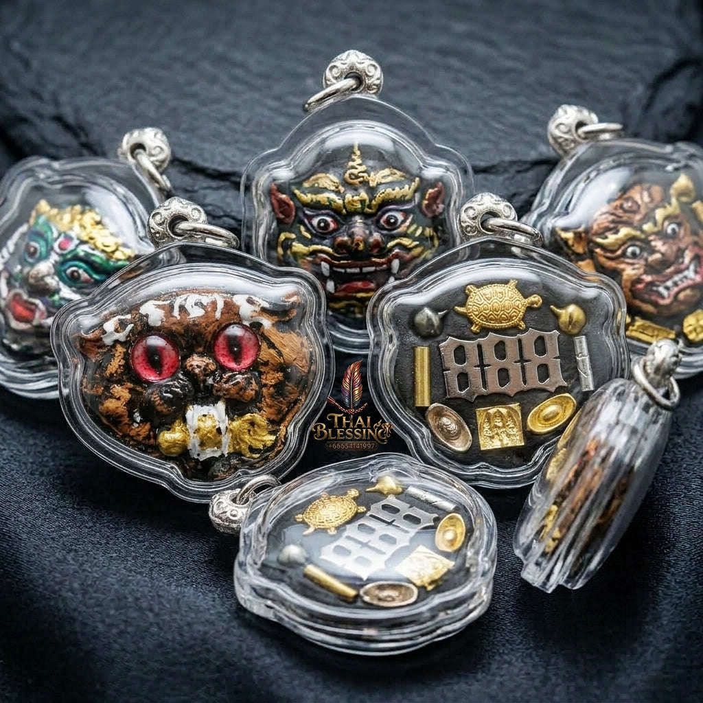 Authentic Thai Wealth-Beckoning Cat Amulet "Maew Riak Sap Ruby-Red Eyed Dark Powder Pendant" Consecrated by Ajarn Sat at Ruen Sat Setthi B.E. 2569 (2026)