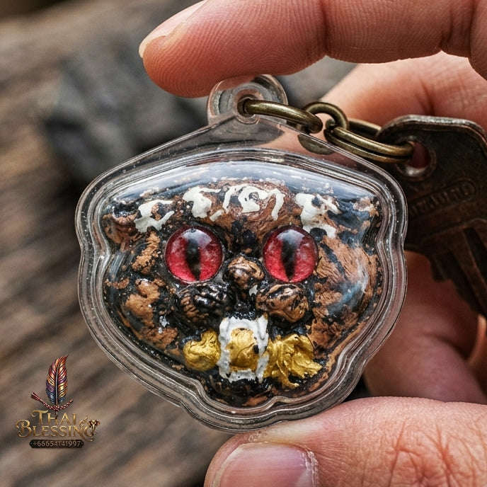 Authentic Thai Wealth-Beckoning Cat Amulet "Maew Riak Sap Ruby-Red Eyed Dark Powder Pendant" Consecrated by Ajarn Sat at Ruen Sat Setthi B.E. 2569 (2026)