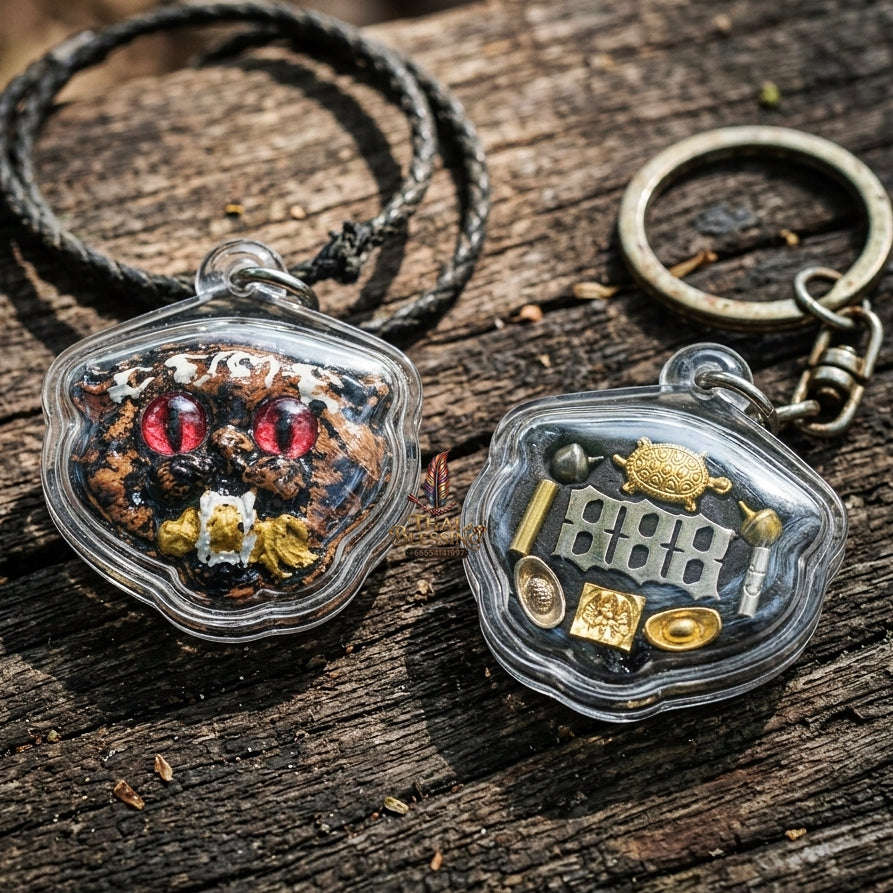 Authentic Thai Wealth-Beckoning Cat Amulet "Maew Riak Sap Ruby-Red Eyed Dark Powder Pendant" Consecrated by Ajarn Sat at Ruen Sat Setthi B.E. 2569 (2026)
