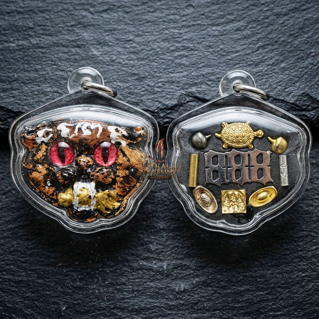 Authentic Thai Wealth-Beckoning Cat Amulet "Maew Riak Sap Ruby-Red Eyed Dark Powder Pendant" Consecrated by Ajarn Sat at Ruen Sat Setthi B.E. 2569 (2026)