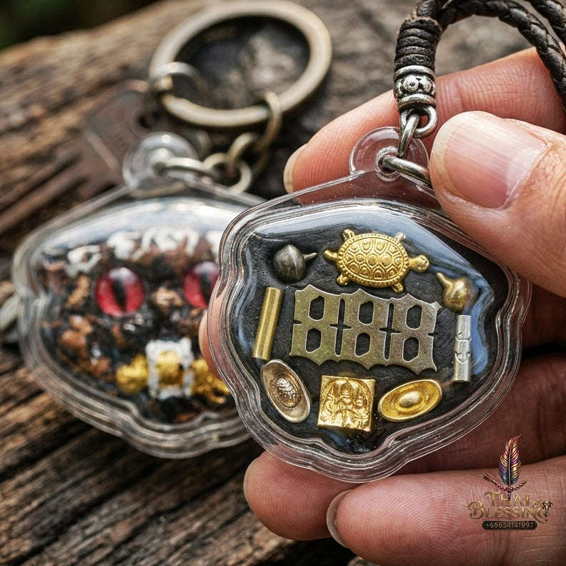 Authentic Thai Wealth-Beckoning Cat Amulet "Maew Riak Sap Ruby-Red Eyed Dark Powder Pendant" Consecrated by Ajarn Sat at Ruen Sat Setthi B.E. 2569 (2026)