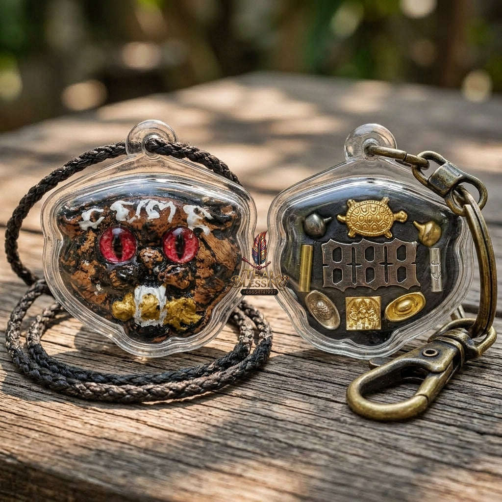 Authentic Thai Wealth-Beckoning Cat Amulet "Maew Riak Sap Ruby-Red Eyed Dark Powder Pendant" Consecrated by Ajarn Sat at Ruen Sat Setthi B.E. 2569 (2026)