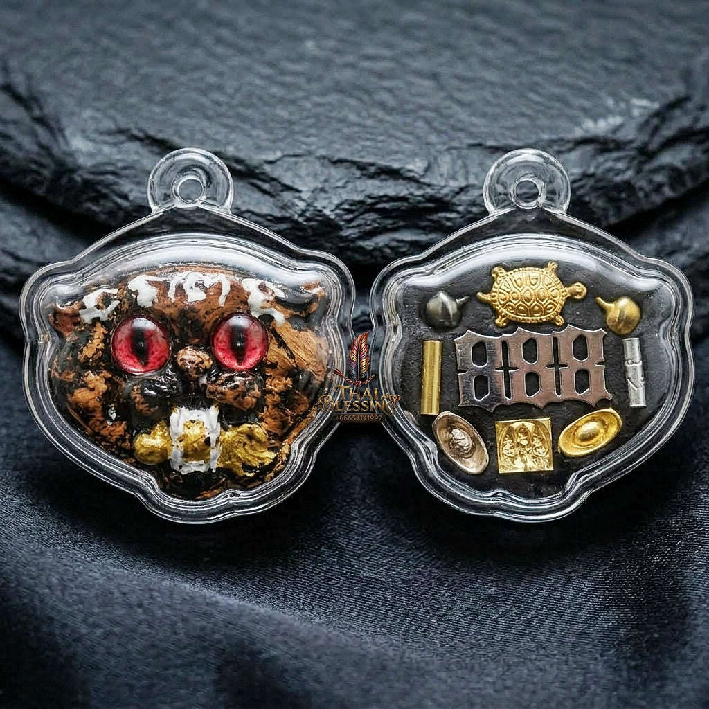 Authentic Thai Wealth-Beckoning Cat Amulet "Maew Riak Sap Ruby-Red Eyed Dark Powder Pendant" Consecrated by Ajarn Sat at Ruen Sat Setthi B.E. 2569 (2026)