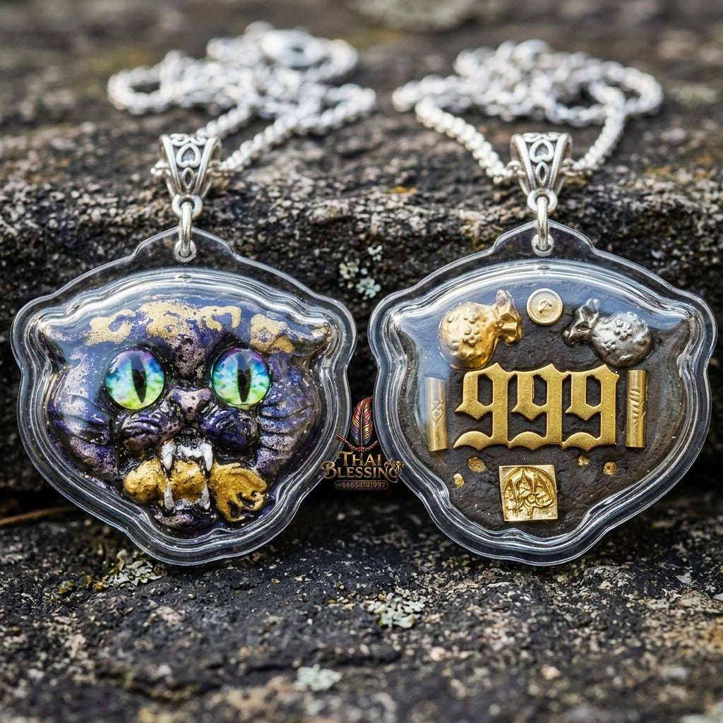 Authentic Thai Wealth-Beckoning Cat Amulet "Maew Riak Sap Sacred Powder Pendant" Consecrated by Ajarn Sat at Ruen Sat Setthi B.E. 2569 (2026) Thai Blessing Co By RURUECHA