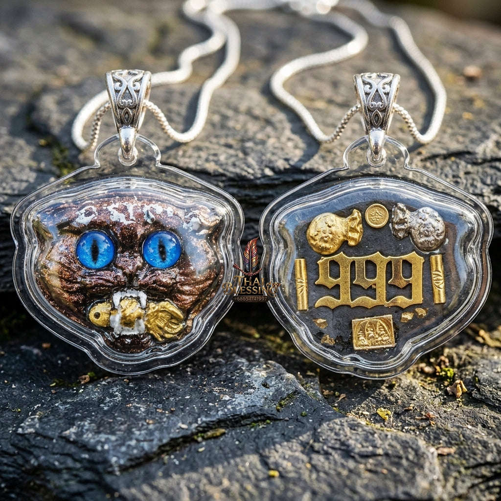 Authentic Thai Wealth-Beckoning Cat Amulet "Maew Riak Sap Sapphire-Blue Eyed Dark Sacred Powder Pendant" Consecrated by Ajarn Sat at Ruen Sat Setthi B.E. 2569 (2026) Thai Blessing Co By RURUECHA