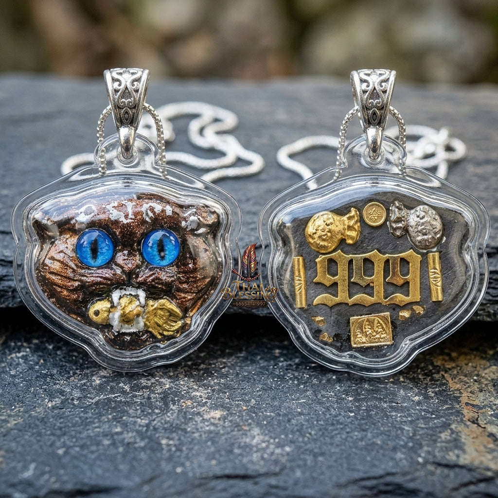 Authentic Thai Wealth-Beckoning Cat Amulet "Maew Riak Sap Sapphire-Blue Eyed Dark Sacred Powder Pendant" Consecrated by Ajarn Sat at Ruen Sat Setthi B.E. 2569 (2026) Thai Blessing Co By RURUECHA