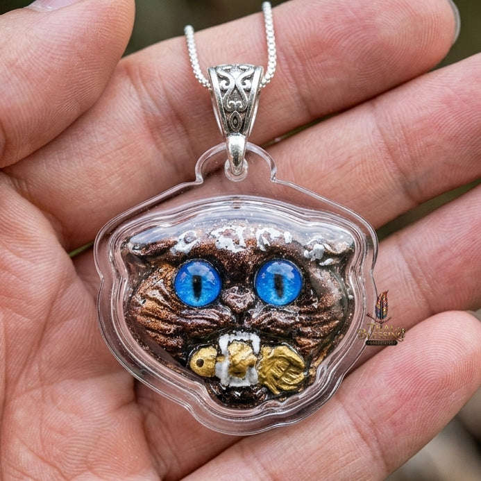 Authentic Thai Wealth-Beckoning Cat Amulet "Maew Riak Sap Sapphire-Blue Eyed Dark Sacred Powder Pendant" Consecrated by Ajarn Sat at Ruen Sat Setthi B.E. 2569 (2026) Thai Blessing Co By RURUECHA