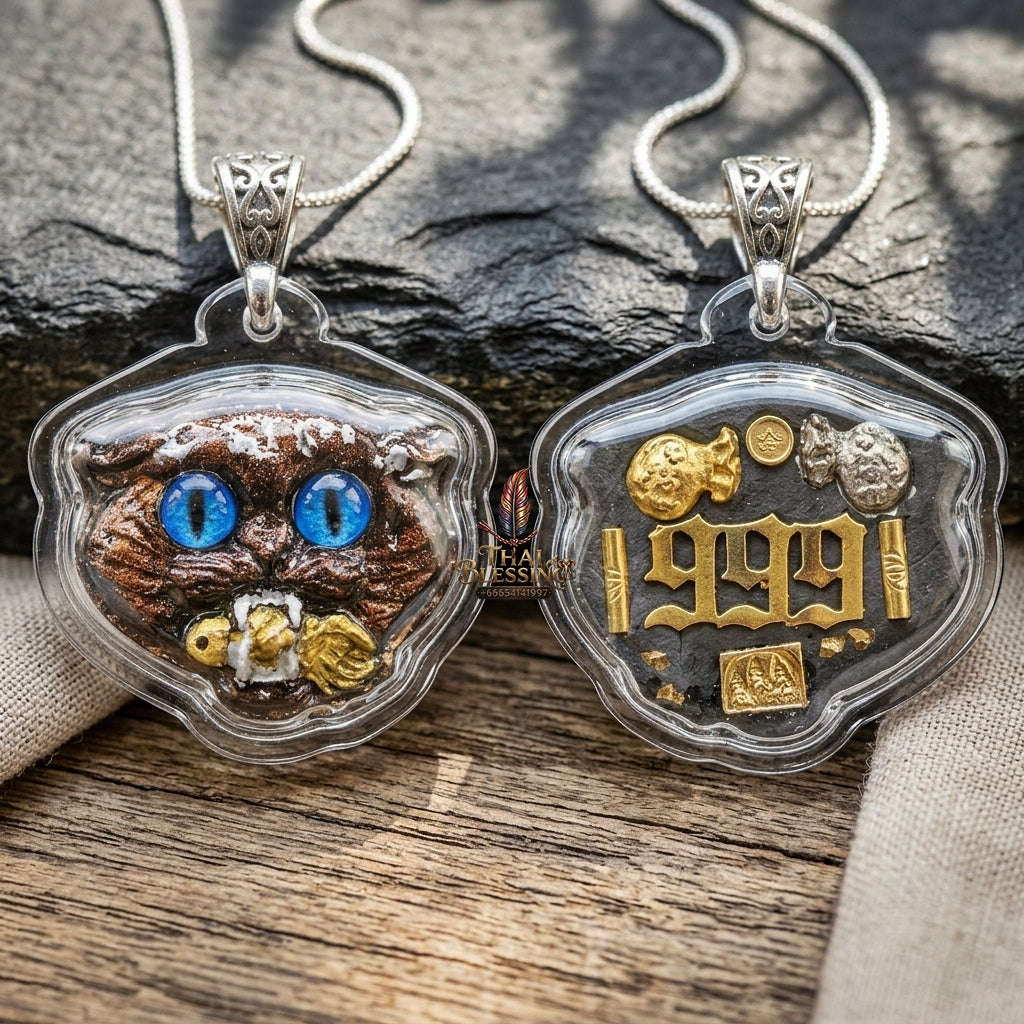 Authentic Thai Wealth-Beckoning Cat Amulet "Maew Riak Sap Sapphire-Blue Eyed Dark Sacred Powder Pendant" Consecrated by Ajarn Sat at Ruen Sat Setthi B.E. 2569 (2026) Thai Blessing Co By RURUECHA