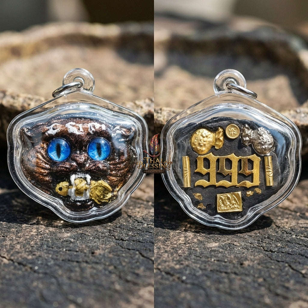 Authentic Thai Wealth-Beckoning Cat Amulet "Maew Riak Sap Sapphire-Blue Eyed Dark Sacred Powder Pendant" Consecrated by Ajarn Sat at Ruen Sat Setthi B.E. 2569 (2026) Thai Blessing Co By RURUECHA