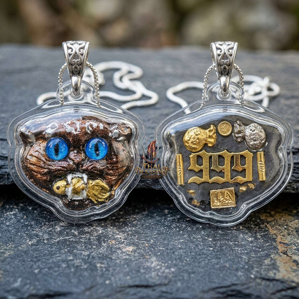 Authentic Thai Wealth-Beckoning Cat Amulet "Maew Riak Sap Sapphire-Blue Eyed Dark Sacred Powder Pendant" Consecrated by Ajarn Sat at Ruen Sat Setthi B.E. 2569 (2026) Thai Blessing Co By RURUECHA