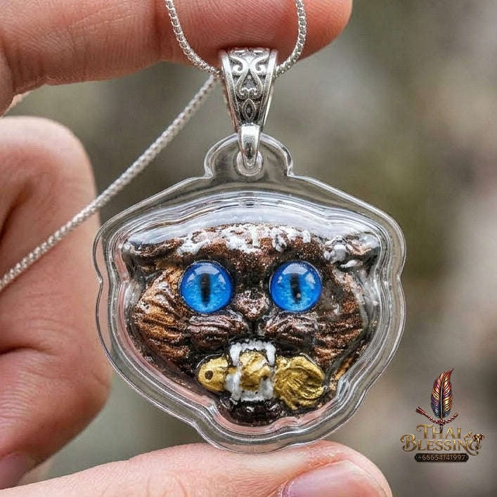 Authentic Thai Wealth-Beckoning Cat Amulet "Maew Riak Sap Sapphire-Blue Eyed Dark Sacred Powder Pendant" Consecrated by Ajarn Sat at Ruen Sat Setthi B.E. 2569 (2026) Thai Blessing Co By RURUECHA