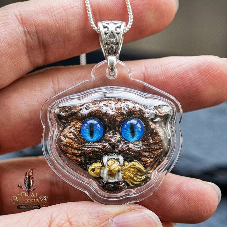 Authentic Thai Wealth-Beckoning Cat Amulet "Maew Riak Sap Sapphire-Blue Eyed Dark Sacred Powder Pendant" Consecrated by Ajarn Sat at Ruen Sat Setthi B.E. 2569 (2026) Thai Blessing Co By RURUECHA