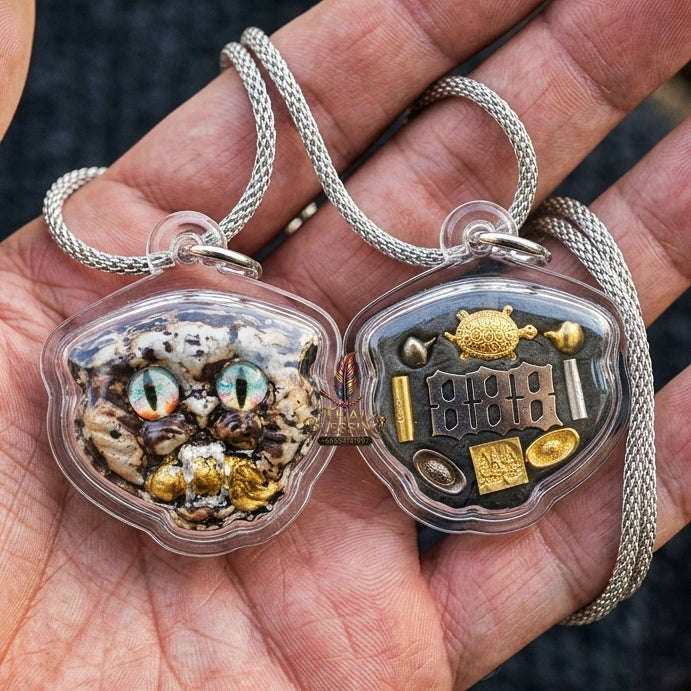 Authentic Thai Wealth-Beckoning Cat Amulet "Maew Riak Sap White Sacred Powder Pendant" Consecrated by Ajarn Sat at Ruen Sat Setthi B.E. 2569 (2026) Thai Blessing Co By RURUECHA