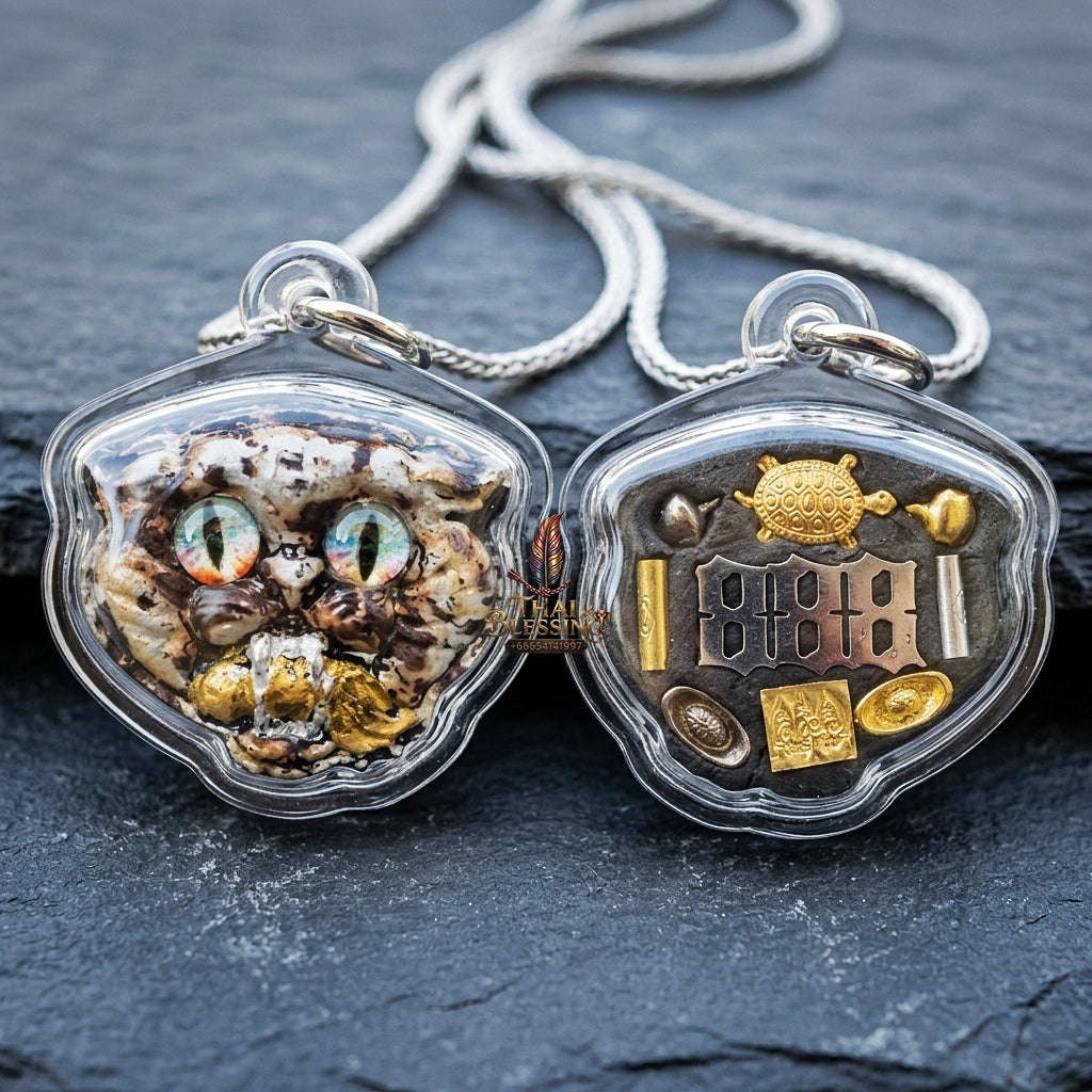 Authentic Thai Wealth-Beckoning Cat Amulet "Maew Riak Sap White Sacred Powder Pendant" Consecrated by Ajarn Sat at Ruen Sat Setthi B.E. 2569 (2026) Thai Blessing Co By RURUECHA