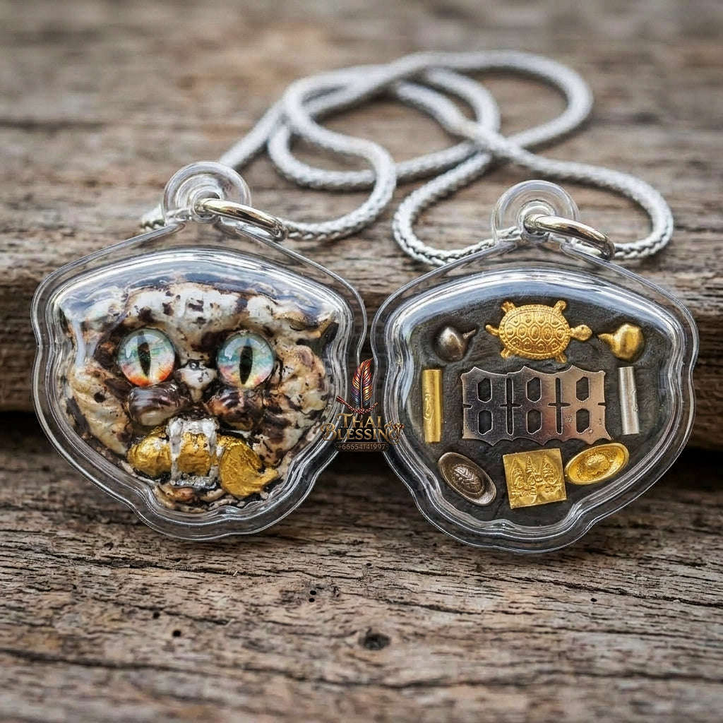 Authentic Thai Wealth-Beckoning Cat Amulet "Maew Riak Sap White Sacred Powder Pendant" Consecrated by Ajarn Sat at Ruen Sat Setthi B.E. 2569 (2026) Thai Blessing Co By RURUECHA