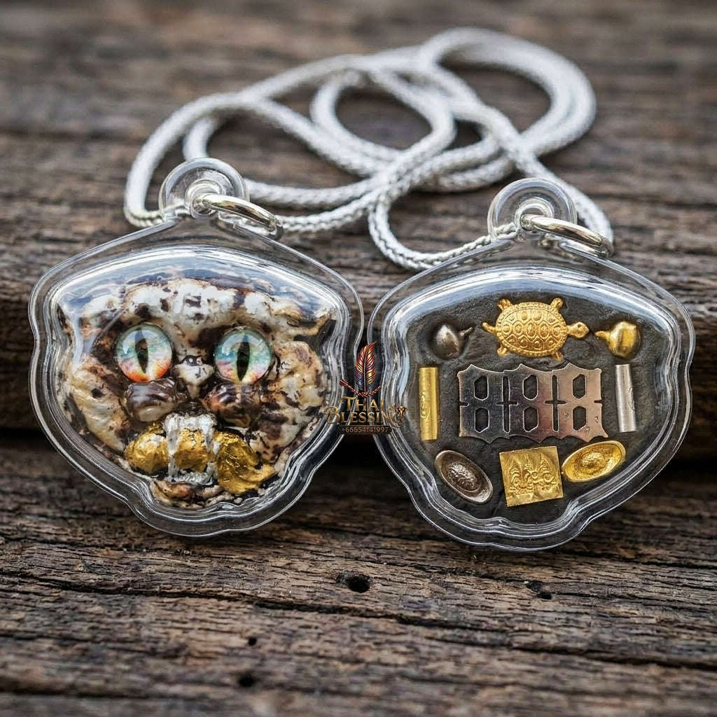 Authentic Thai Wealth-Beckoning Cat Amulet "Maew Riak Sap White Sacred Powder Pendant" Consecrated by Ajarn Sat at Ruen Sat Setthi B.E. 2569 (2026) Thai Blessing Co By RURUECHA