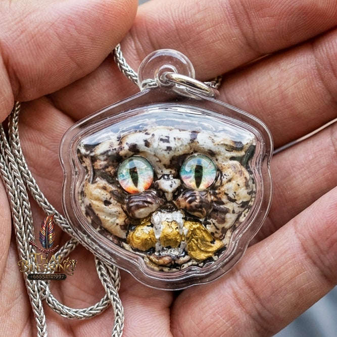 Authentic Thai Wealth-Beckoning Cat Amulet "Maew Riak Sap White Sacred Powder Pendant" Consecrated by Ajarn Sat at Ruen Sat Setthi B.E. 2569 (2026) Thai Blessing Co By RURUECHA