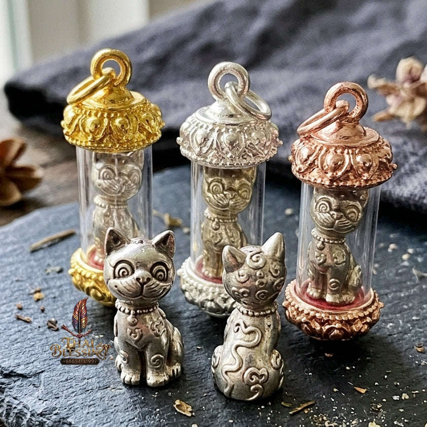 Authentic Thai Wealth Cat Amulet "Meow Riak Sap BE 2564" - Supreme Cat Placenta Relic, Millionaire Magic & Commercial Wealth Attraction