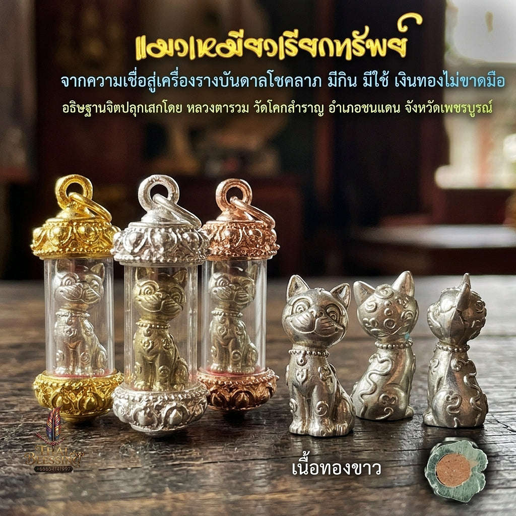 Authentic Thai Wealth Cat Amulet "Meow Riak Sap BE 2564" - Supreme Cat Placenta Relic, Millionaire Magic & Commercial Wealth Attraction