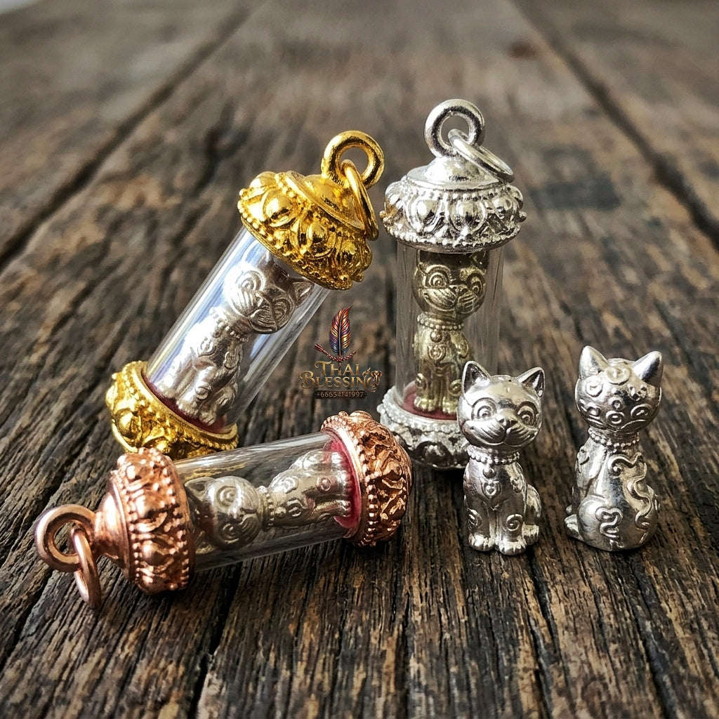 Authentic Thai Wealth Cat Amulet "Meow Riak Sap BE 2564" - Supreme Cat Placenta Relic, Millionaire Magic & Commercial Wealth Attraction