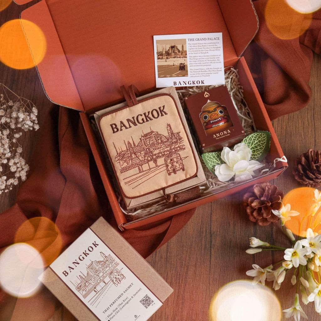 Bangkok herbal gift set with scented candle and decorative flowers in a brown gift box from One-Sake.com
