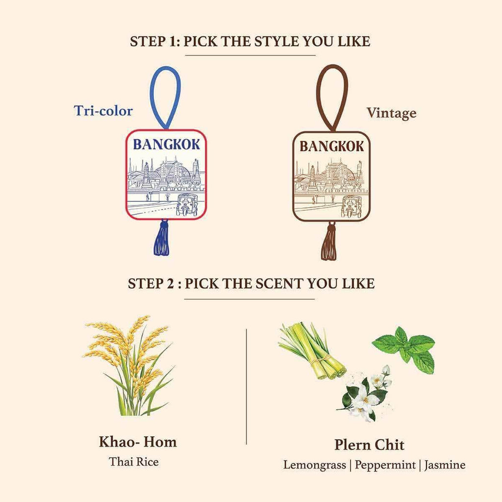 Bangkok herbal gift set with two style options tri-color and vintage with Khao-Hom Thai rice or Plern Chit lemongrass peppermint jasmine scents