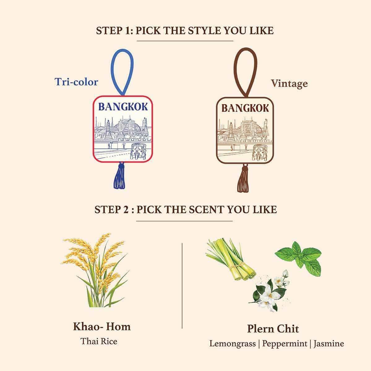 Bangkok herbal gift set with two style options tri-color and vintage with Khao-Hom Thai rice or Plern Chit lemongrass peppermint jasmine scents
