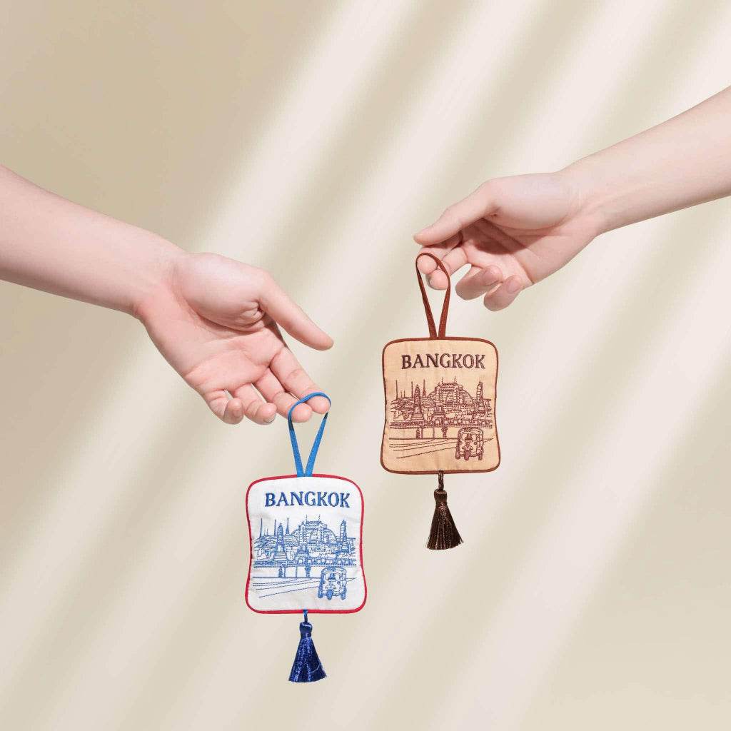 Bangkok herbal gift set air fresheners with cityscape designs in blue and brown hanging tassels
