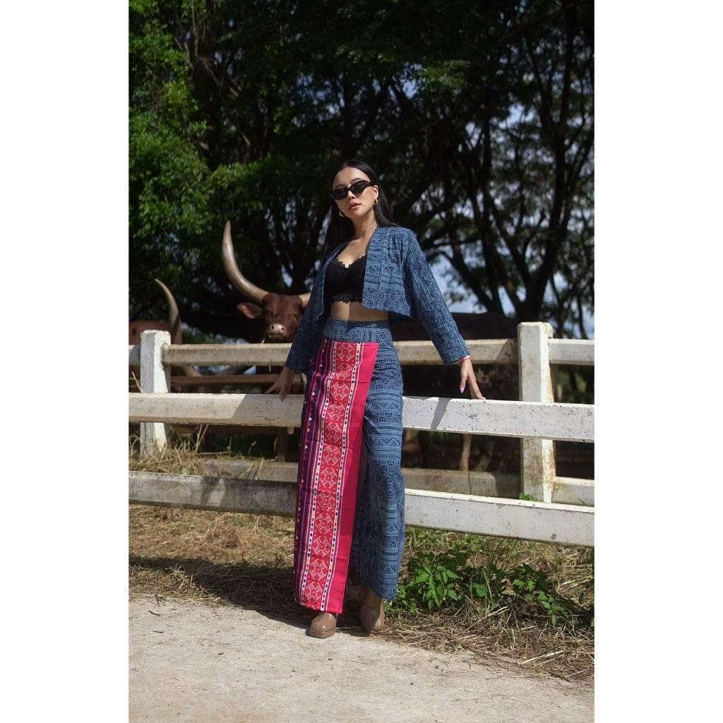Batik-Inspired Women Outfit: Cotton Wrap Top and High-Waisted Pants Set in S–XL Sizes with Embroidered Ethnic Print