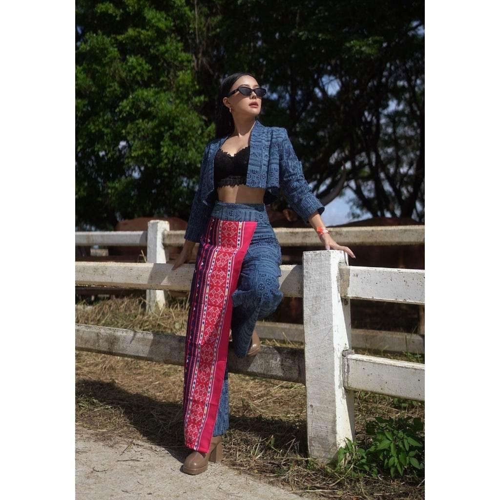 Batik-Inspired Women Outfit: Cotton Wrap Top and High-Waisted Pants Set in S–XL Sizes with Embroidered Ethnic Print