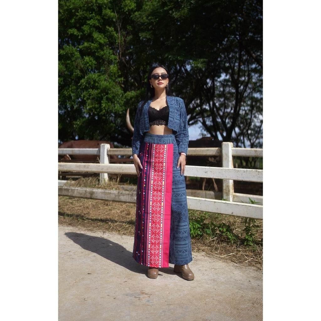 Batik-Inspired Women Outfit: Cotton Wrap Top and High-Waisted Pants Set in S–XL Sizes with Embroidered Ethnic Print