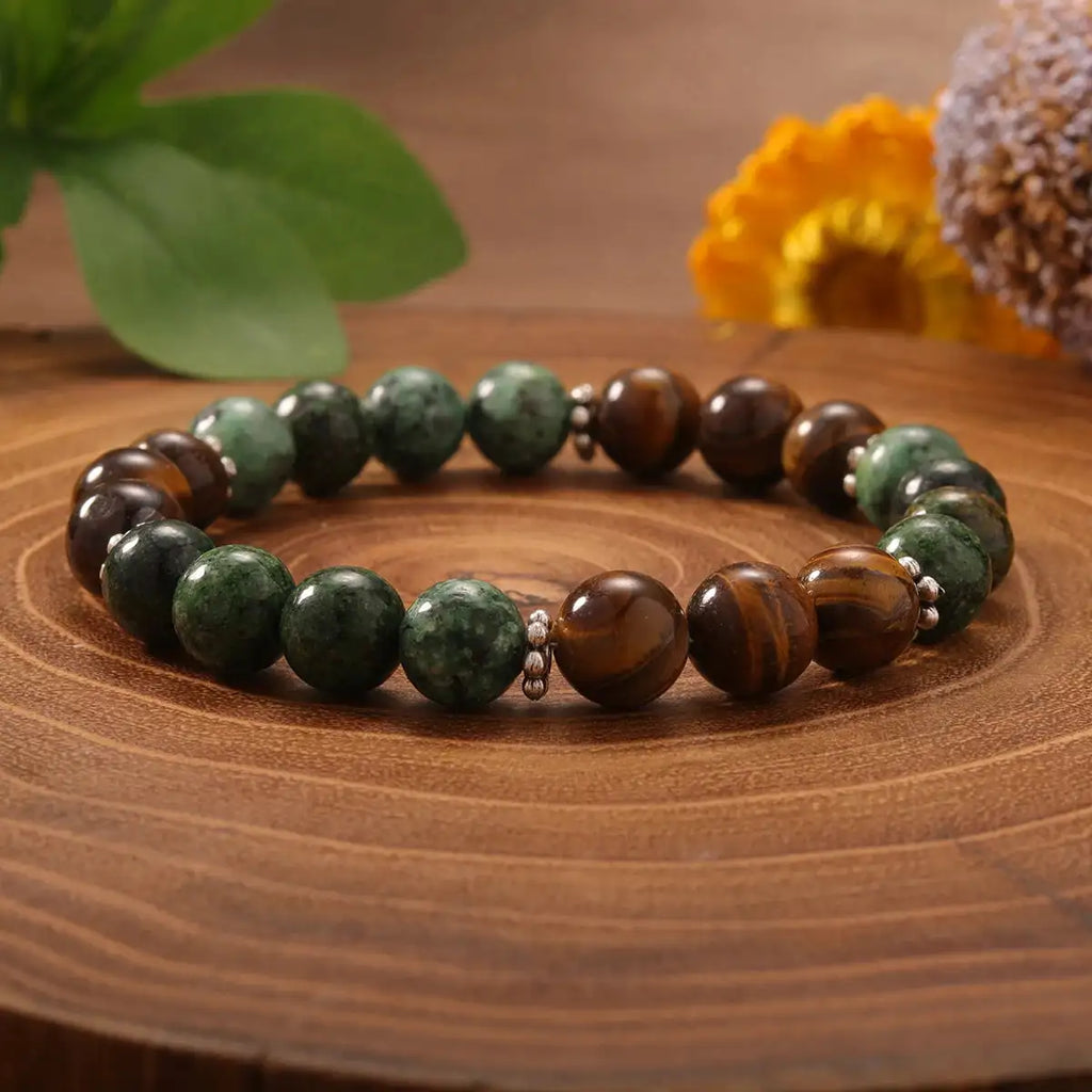 🌟 Unisex Beaded Bracelet – Tiger Eye, Agate & Blue Patterned Stone Crystal Bangles | Thoughtful Gift for Mom, Dad, Teacher & Grandma