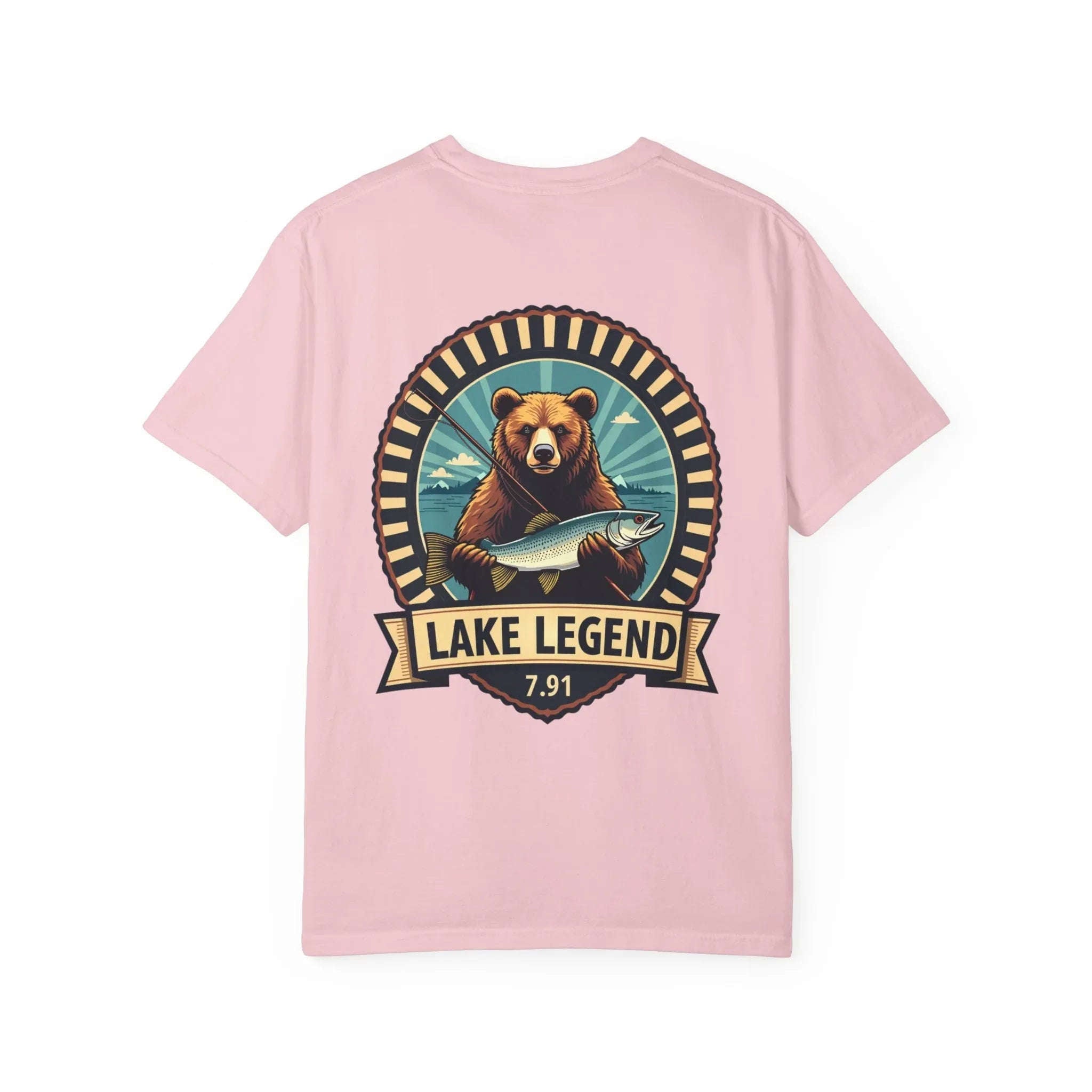 Bear Holding Fish Lake Legend Shirt, Vintage Fishing Badge Tee, Trout Angler T-Shirt, Lake Life Cabin Camping Outdoors Gift Blossom