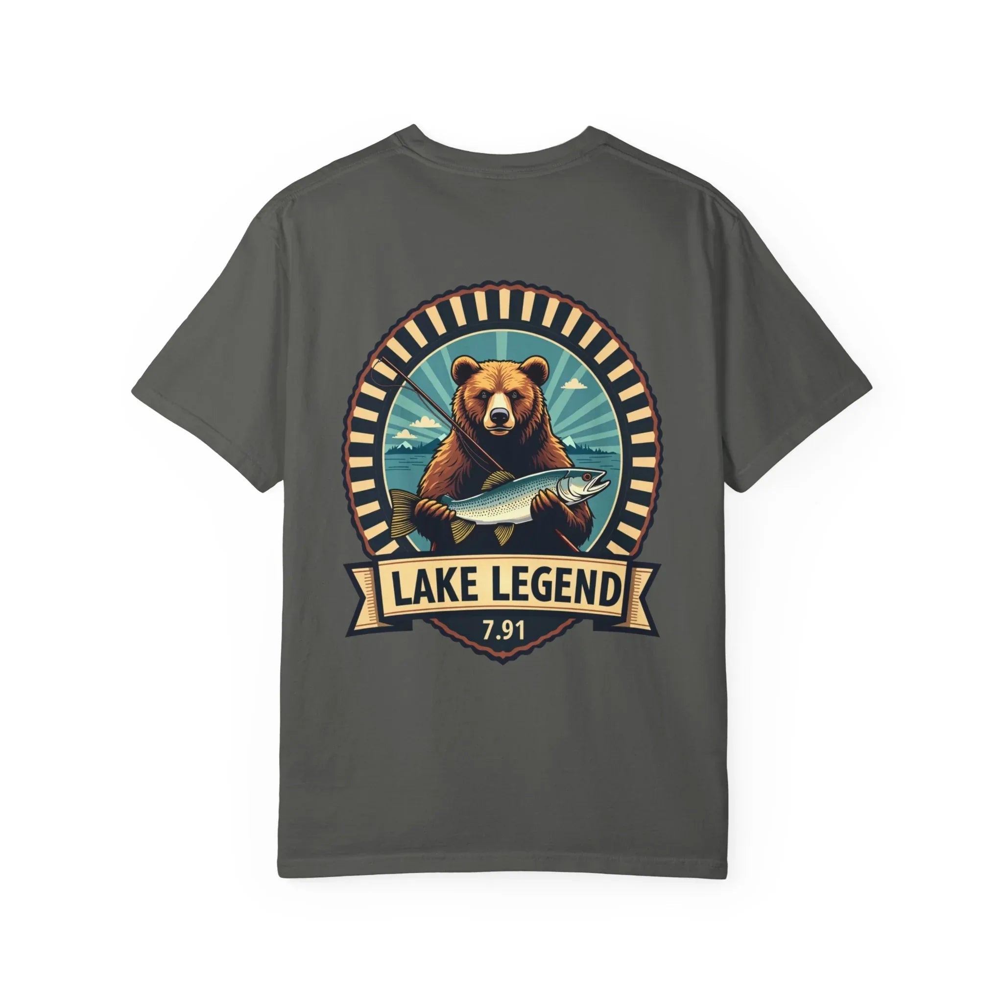 Bear Holding Fish Lake Legend Shirt, Vintage Fishing Badge Tee, Trout Angler T-Shirt, Lake Life Cabin Camping Outdoors Gift Pepper
