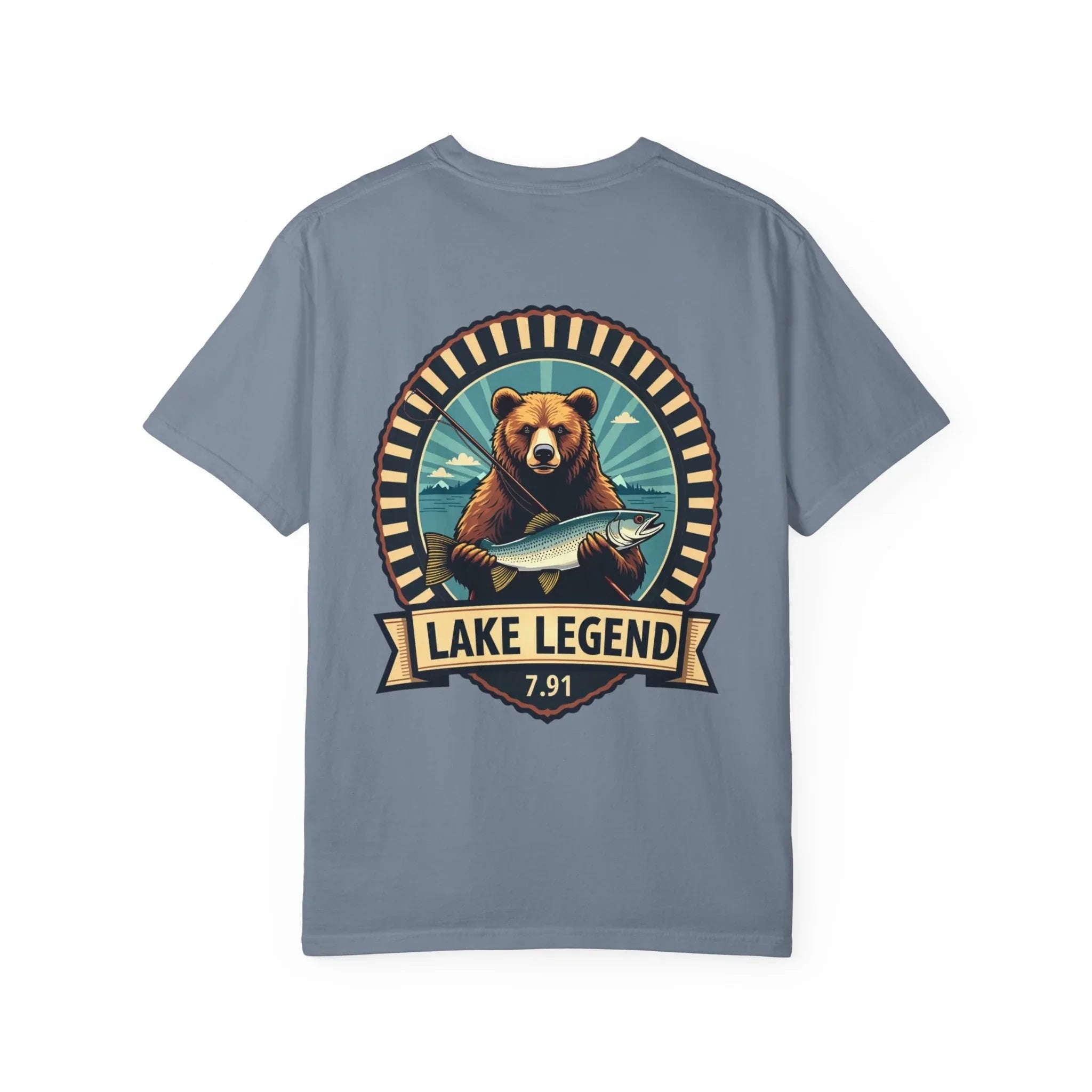 Bear Holding Fish Lake Legend Shirt, Vintage Fishing Badge Tee, Trout Angler T-Shirt, Lake Life Cabin Camping Outdoors Gift Blue Jean